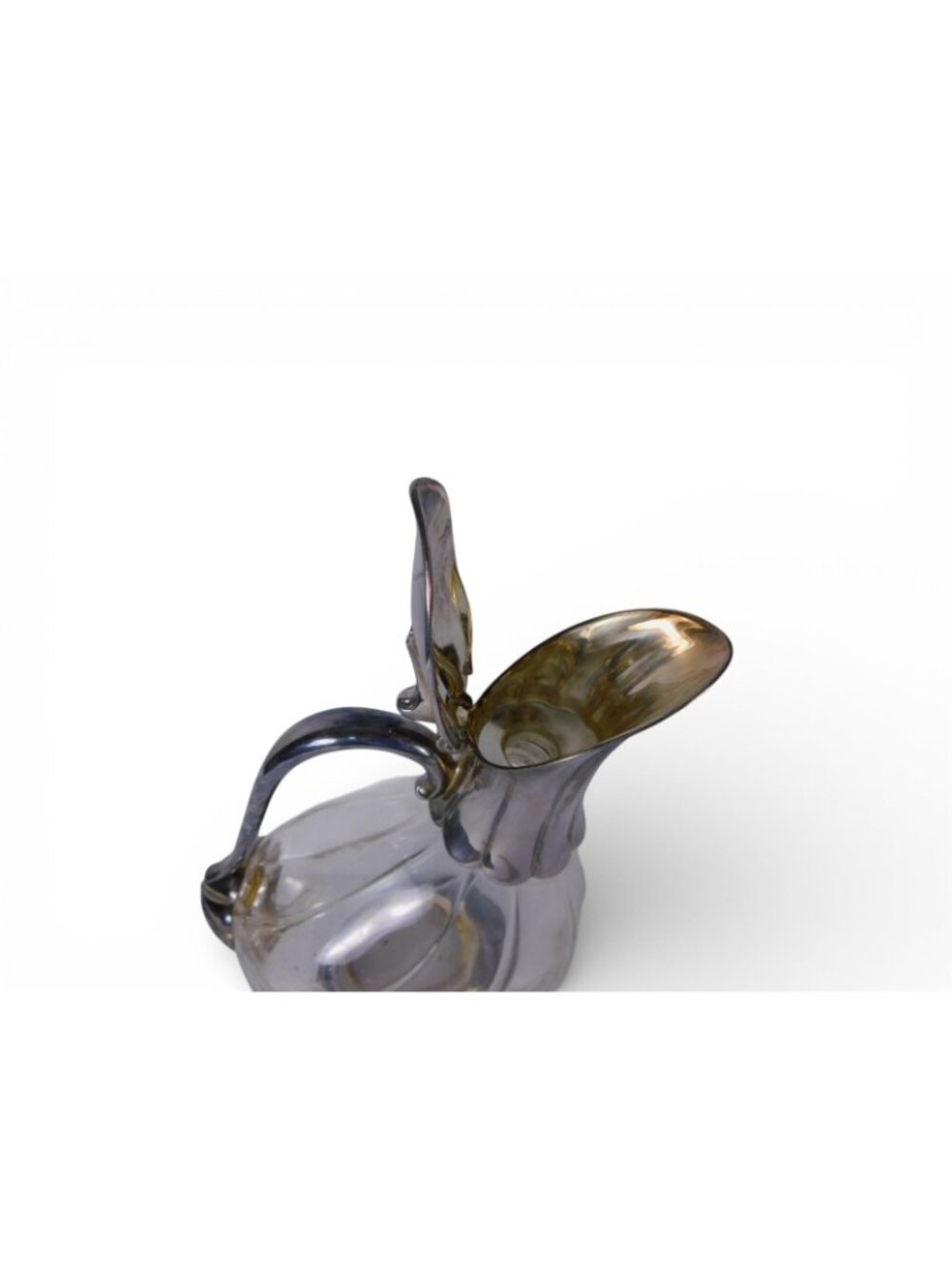 Vintage Clear Glass Art Nouveau Pitcher Metal Mounted Hinged Lid Handle Unmarked - Picture 5 of 9